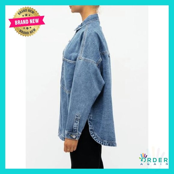 Oversized Denim Shirt Button Down Blouse Distressed Y2K Chic Fall Outfit - Picture 5 of 7